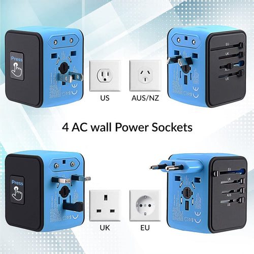 European Travel Plug Adapter, Universal International Power Adapter with 2.4A 4 USB, All in One Wall Charger for UK, EU, AU, AUS (Blue) EasyOptionXY LLC