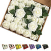 25 Pcs Artificial Rose Flowers, Foam Fake Flowers DIY Bouquets with Leaves and Stems for Wedding Party DIY Bouquets, Baby Shower, Home Decoration (Milk White) EasyOptionXY LLC