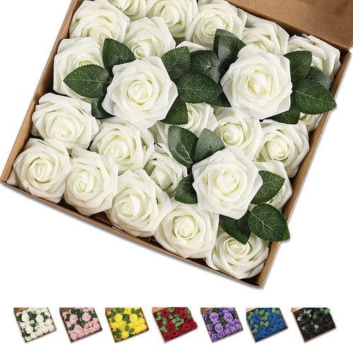 25 Pcs Artificial Rose Flowers, Foam Fake Flowers DIY Bouquets with Leaves and Stems for Wedding Party DIY Bouquets, Baby Shower, Home Decoration (Milk White) EasyOptionXY LLC