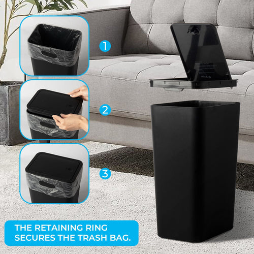 3 Pack Slim Plastic Trash Can, 2.6 Gallon Garbage Can with Press Top Lid, Modern Waste Basket for Bathroom, Black EasyOptionXY LLC