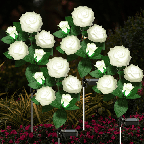 4 Pack Solar Solar Rose Flower Lights, Outdoor Solar Garden Stake Lights, Waterproof LED Solar Landscape Lights with 5 Rose Flowers for Pathway Patio Yard Decorations, White EasyOptionXY LLC