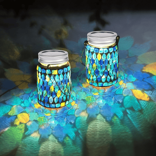 2 Pack Mosaic Solar Lantern Lights, Outdoor Solar Hanging Lights, Waterproof Mosaic Glass Lights Table Lamps for Patio Garden Yard Pathway Decoration (Blue) EasyOptionXY LLC
