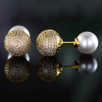 18K Gold Plated Pearl and Swarovski Crystal Ball Front-Back Earrings