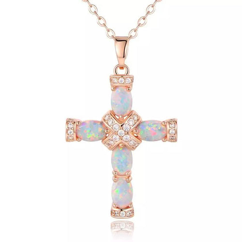 18K Rose Gold Plating & Fire Cross Pendant - Religious Jewelry