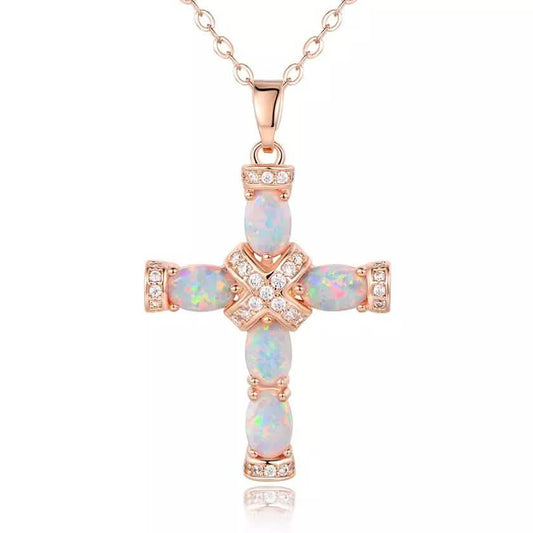 18K Rose Gold Plating & Fire Cross Pendant - Religious Jewelry