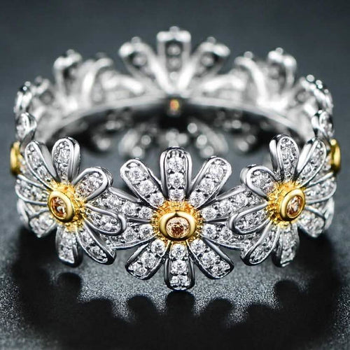 18K White Gold Plated Floral Sunflower Ring Made with Swarovski Crystals