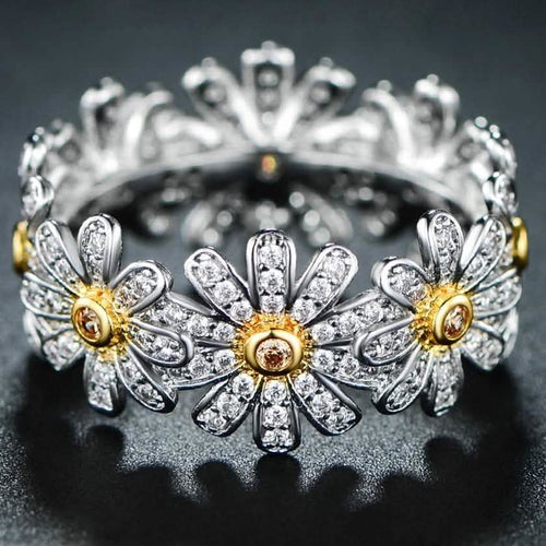 18K White Gold Plated Floral Sunflower Ring with Swarovski Crystals