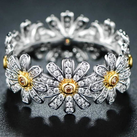18K White Gold Plated Floral Sunflower Ring with Swarovski Crystals