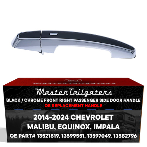 Exterior Door Handle Black/Chrome Replacement for Chevrolet Malibu (16-24), Equinox (14-24), Impala (14-24) OE Part # 13521819, 13599551, 13597049, 13582796 | Front Right Passenger Side w/o Keyhole