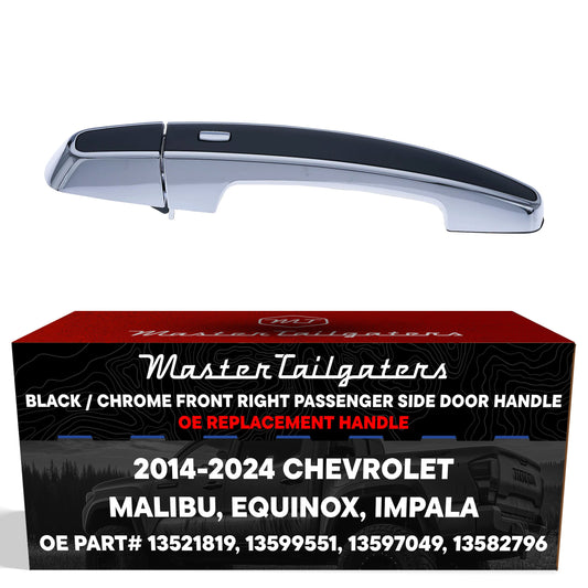 Exterior Door Handle Black/Chrome Replacement for Chevrolet Malibu (16-24), Equinox (14-24), Impala (14-24) OE Part # 13521819, 13599551, 13597049, 13582796 | Front Right Passenger Side w/o Keyhole