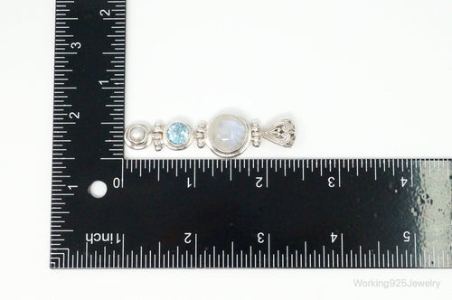Large Designer SJ Blue Topaz Moonstone Pearl Sterling Necklace Pendant