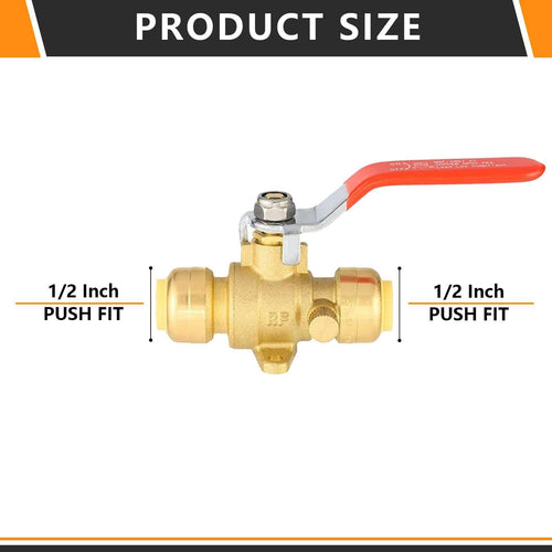 1/2" Push Fit Ball Valve With Drain Drop Ear, Red Lever (Lead Free)