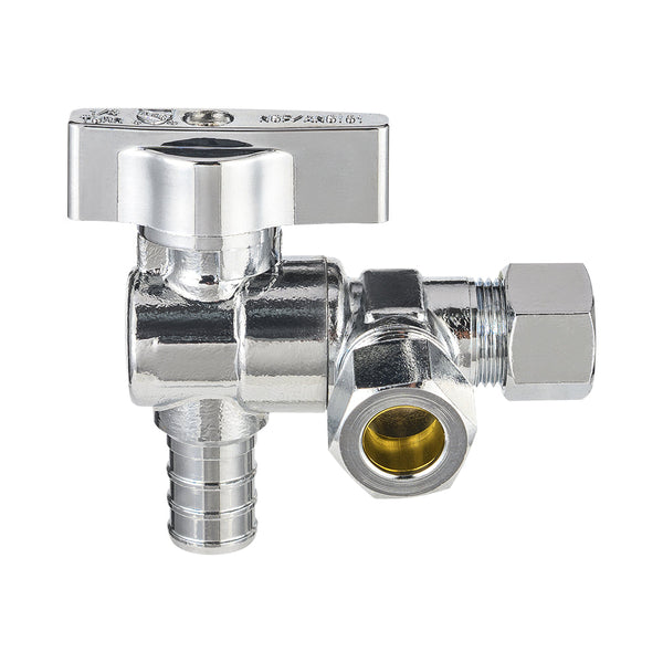 1/2" PEX Crimp x 3/8" ODx 3/8" OD Compr. Split Angle Stop Valve, Quarter Turn (Lead Free) Plumbingsell