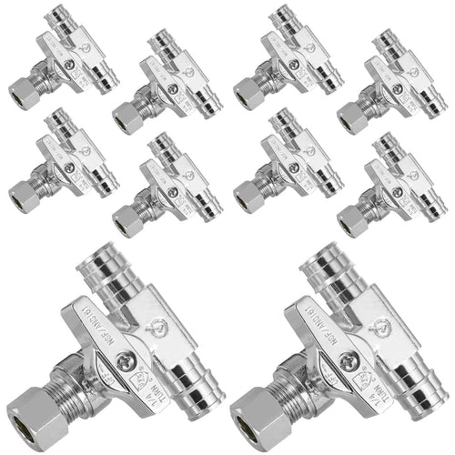 10 Pcs 1/2" PEX Expansion x 1/2" PEX Expansion x 3/8" OD Compr. Tee Stop Valve, 1/4 Turn (Lead Free) Plumbingsell