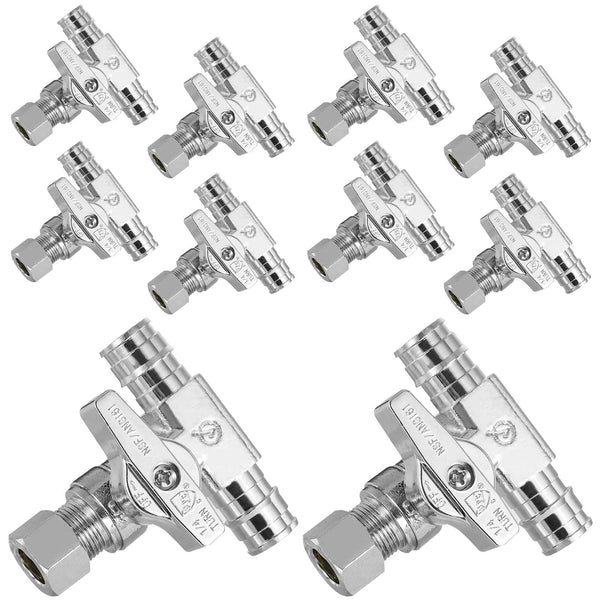 10 Pcs 1/2" PEX Expansion x 1/2" PEX Expansion x 3/8" OD Compr. Tee Stop Valve, 1/4 Turn (Lead Free) Plumbingsell