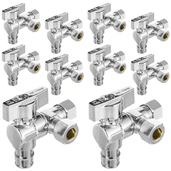 10 Pcs 1/2" Pex-a Expansion (F1960) Inlet x 3/8" OD Compr. x 3/8" OD Compr. Split, Angle Stop Valve, Quarter Turn (Lead Free) Plumbingsell