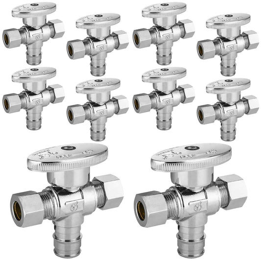 10 Pcs 1/2" PEX Expansion x 3/8" OD Compr. x 3/8" OD Compr. Dual Outlet Angle Stop Valve, 1/4 Turn (Lead Free) Plumbingsell
