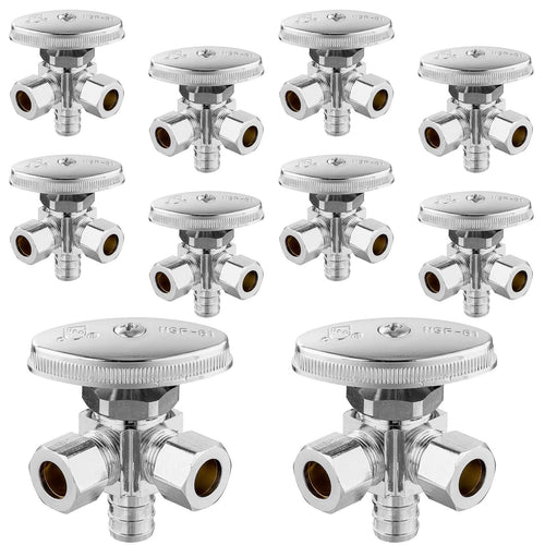10 Pcs 1/2" PEX Crimp x 3/8" ODx 3/8" OD Compr. Dual Angle Stop Valve, Multi Turn (Lead Free) Plumbingsell