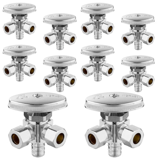 10 Pcs 1/2" PEX Crimp x 3/8" ODx 3/8" OD Compr. Dual Angle Stop Valve, Multi Turn (Lead Free) Plumbingsell