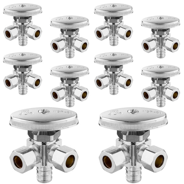 10 Pcs 1/2" PEX Crimp x 3/8" ODx 3/8" OD Compr. Dual Angle Stop Valve, Multi Turn (Lead Free) Plumbingsell