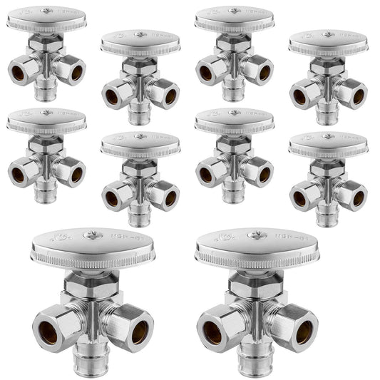 10 Pcs 1/2" Pex-a Expansion (F1960) Inlet x 3/8" ODx 3/8" OD Compr. Dual Angle Stop Valve, Multi Turn (Lead Free) Plumbingsell