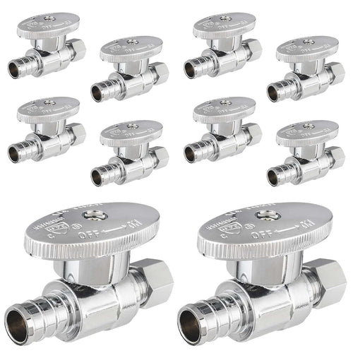 10 Pcs 1/2" PEX Crimp x 3/8" OD Compr. Straight Stop Valve, 1/4 Turn (Lead Free) Plumbingsell