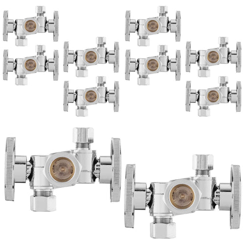 10 Pcs 5/8" ODx 3/8" OD Compr. x 1/4" OD Compr. Dual Stop Valve, 1/4 Turn (Lead Free) Plumbingsell