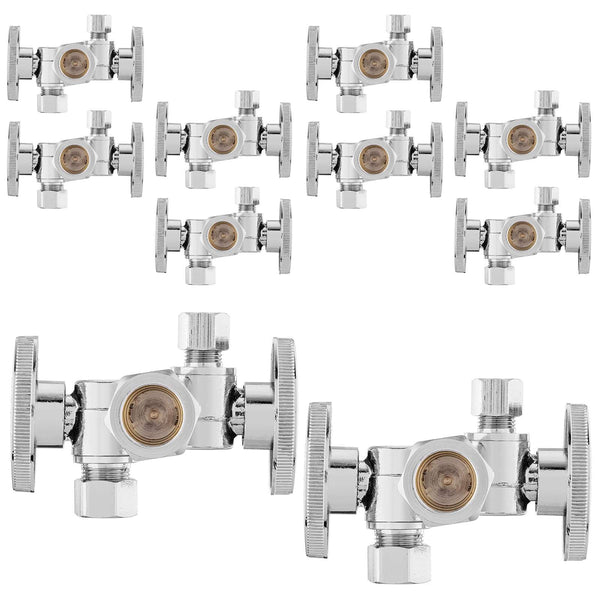 10 Pcs 5/8" ODx 3/8" OD Compr. x 1/4" OD Compr. Dual Stop Valve, 1/4 Turn (Lead Free) Plumbingsell
