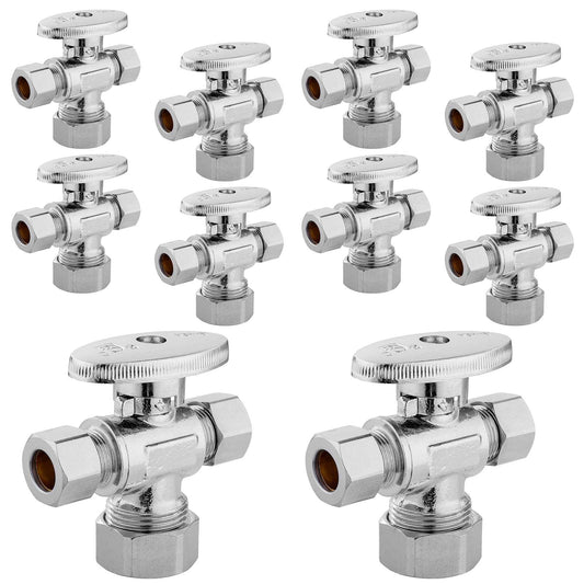 10 Pcs 5/8" OD Compr. x 3/8" OD Compr. x 3/8" OD Compr. Dual Outlet Angle Stop Valve, 1/4 Turn (Lead Free) Plumbingsell