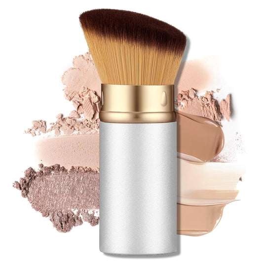 Retractable Kabuki Travel Makeup Brush, All-in-One | Ultra-soft dense bristles for powder, blush & foundation. Protective cap for mess-free travel (Color - White)