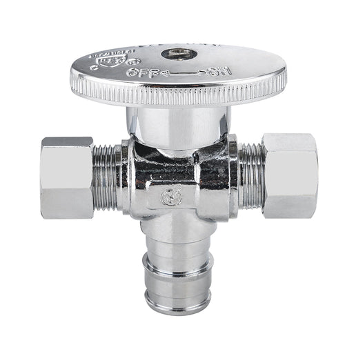10 Pcs 1/2" PEX Expansion x 3/8" OD Compr. x 3/8" OD Compr. Dual Outlet Angle Stop Valve, 1/4 Turn (Lead Free) Plumbingsell