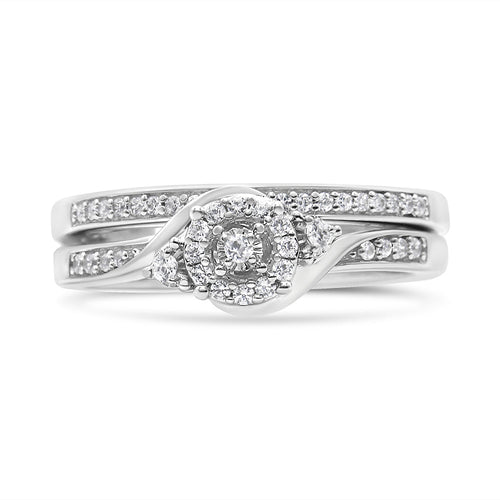 .925 Sterling Silver 1/4 Cttw Diamond Halo and Swirl Engagement Ring and Wedding Band Set (I-J Color, I3 Clarity)- Ring Size 7