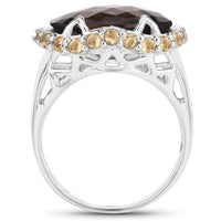 Two Tone Plated 9.58 Carat Genuine Smoky Quartz & Citrine .925 Sterling Silver Ring