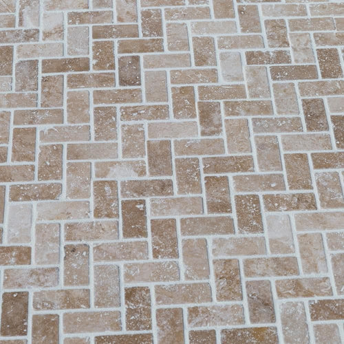 Medium Beige Travertine Tumbled Herringbone Mosaic Floor and Wall Tile - Livfloors Collection