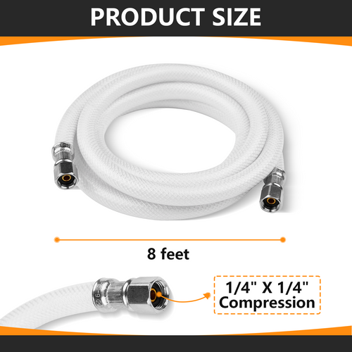 8ft Fridge Ice Maker Water Connector Line, Polyester Reinforced PVC, 1/4" Comp By 1/4" Comp Connection, White