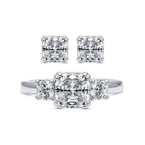 2-Pack: Cushion Cut Studs and Cushion Cut Ring with Side Stones
