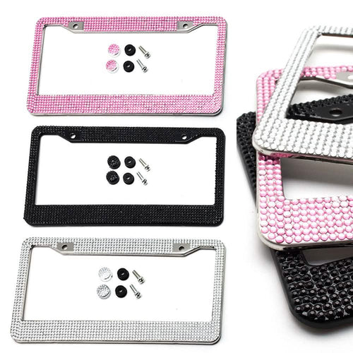 2-Pack: Metal License Plate Frame With Glitter Bling Rhinestone Diamonds