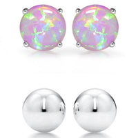 2-Pairs: Pink Opal Stud and Sterling Silver Ball Stud Set