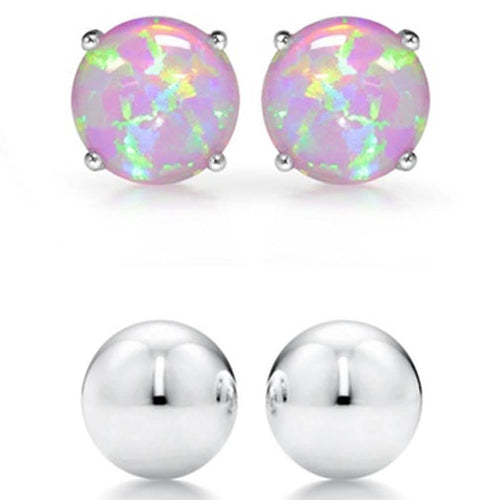2-Pairs: Pink Opal Stud and Sterling Silver Ball Stud Set