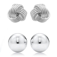 2-Pairs: Sterling Silver Love Knot and Ball Stud Earring Set