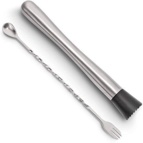 2-Piece Set: Hiware 10 Inch Stainless Steel Cocktail Muddler and Mixing Spoon Home Bar Tool Set
