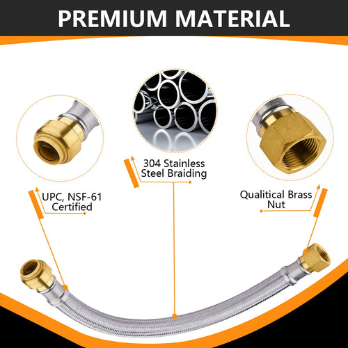 3/4" Push fit x 3/4" FIP, 24" Flexible Water Heater Connector Hose