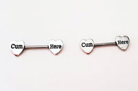 'Cum Here' Pierced Nipple Barbells 14G Sexy Nipple Rings Jewelry