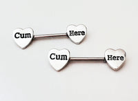 'Cum Here' Pierced Nipple Barbells 14G Sexy Nipple Rings Jewelry