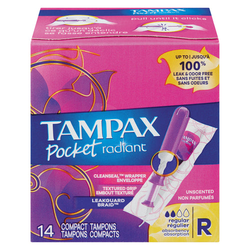 Tampax Pocket Radiant Compact Tampons Regular Absorbency With BPA-Free Plastic Applicator And LeakGuard Braid, Unscented