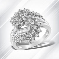 10K White Gold 1/2 Cttw Round and Baguette-Cut "S" Shaped Bypass Cocktail Ring (I-J Color, I1-I2 Clarity) - Size 7