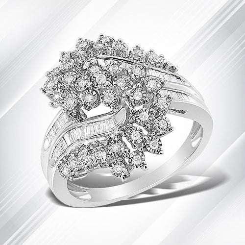 10K White Gold 1/2 Cttw Round and Baguette-Cut "S" Shaped Bypass Cocktail Ring (I-J Color, I1-I2 Clarity) - Size 7