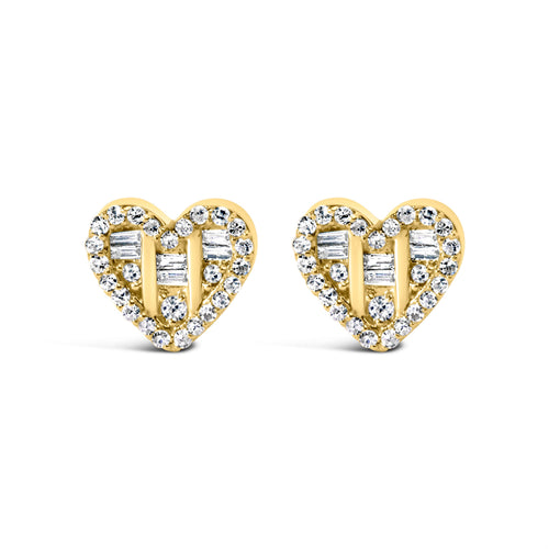 14K Yellow Gold Plated .925 Sterling Silver 1/2 Cttw Round and Baguette Diamond Composite Heart Shaped Stud Earring (I-J Color, SI2-I1 Clarity)