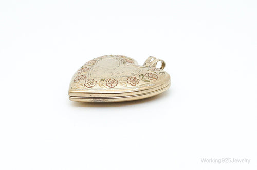 Antique GF Rose Etched Sterling Silver Heart Picture Locket Pendant