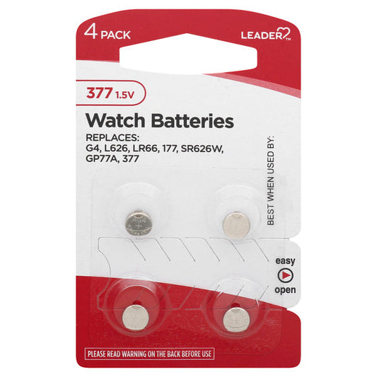 Leader 377 Watch Battery, SR626SW Silver Oxide 1.55V, Long-Lasting Button Cell, 4 Count